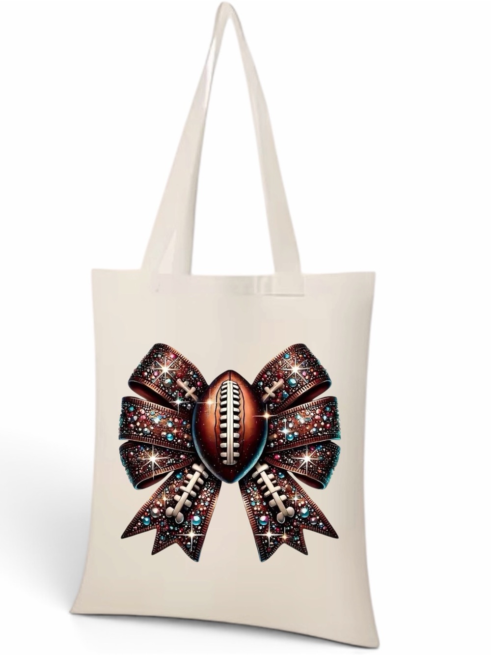 Cream Tote with Embellished Football Bow Graphic